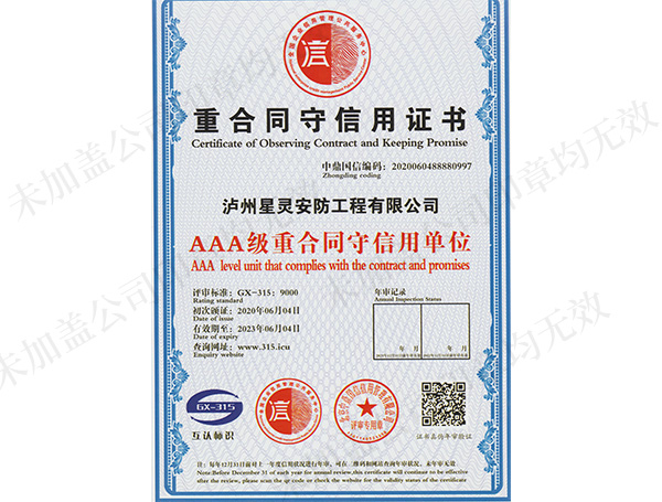 重合同守信用證書